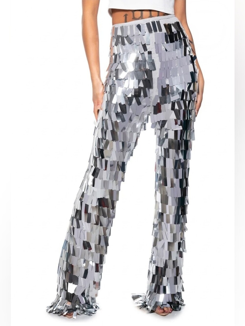 AKIRA Label Val Sequin Pant in Silver - Elastic Waistband - High Raise - Size 1X - Picture 3 of 12